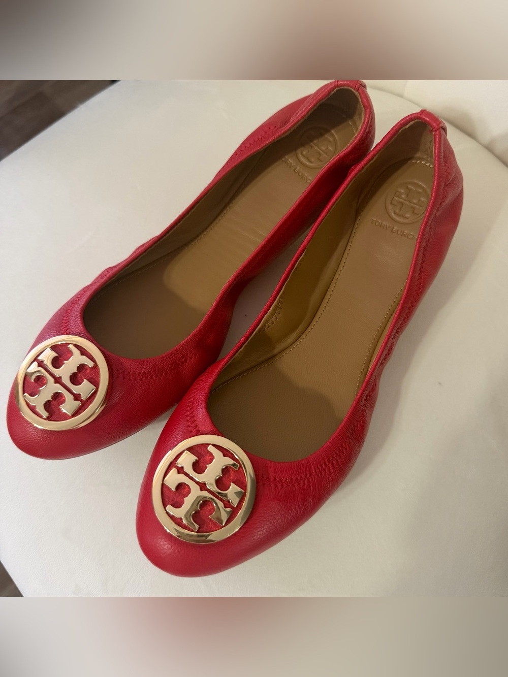 Tory Burch Red Leather Ballet Flats with Gold Logo